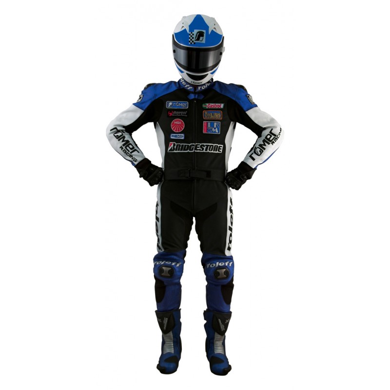 Motorradkombi aus Leder in cooler Rennoptik in Blau / Schwarz / Weiß